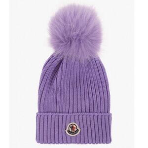Moncler Girl’s Ribbed-Knit Wool Beanie Hat in Lilac Purple Size L